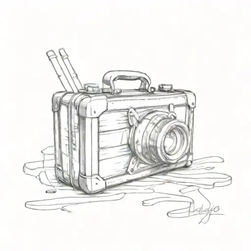 A sketch tattoo of a vintage suitcase with camera film spilling out, representing your passion for travelling and photography tattoo design idea