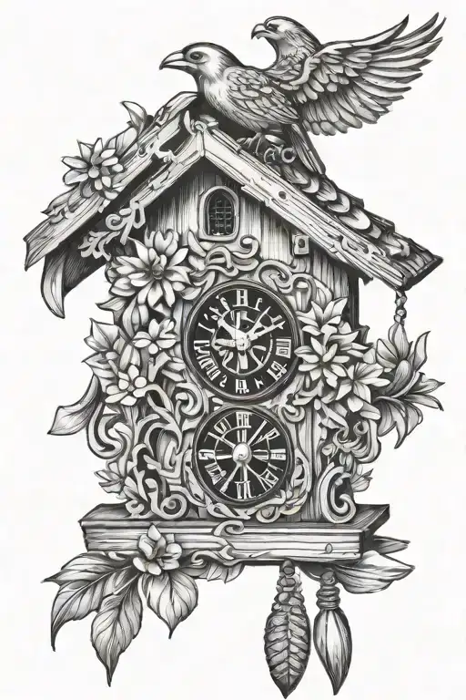 cuckoo clock German with pretzel and edelweiss  tattoo design idea