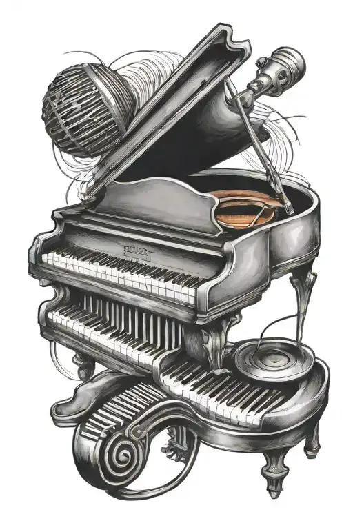 stylized piano and microphone on the half left arm tattoo design idea