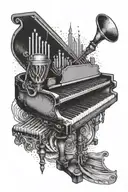 stylized piano and microphone on the half left arm tattoo design idea