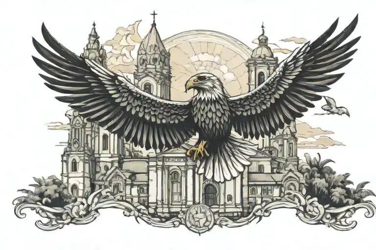 realistic filippines eagle soaring with cathedral architecture background.  tattoo design idea