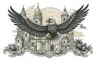 realistic filippines eagle soaring with cathedral architecture background.  tattoo design idea