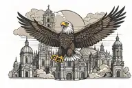 realistic filippines eagle soaring with cathedral architecture background.  tattoo design idea