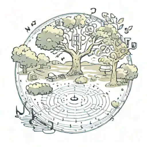 A sketch-style illustration of a serene park scene with hidden numerology symbols throughout and music notes tattoo design idea