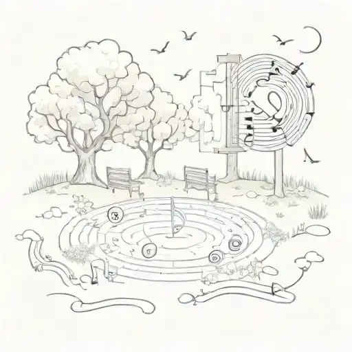 A sketch-style illustration of a serene park scene with hidden numerology symbols throughout and music notes tattoo design idea