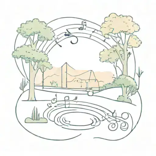A sketch-style illustration of a serene park scene with hidden numerology symbols throughout and music notes tattoo design idea