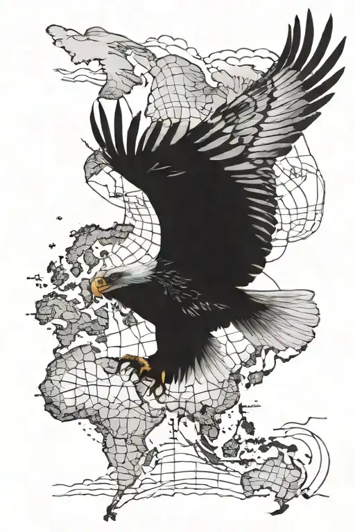 A majestic eagle soaring over a world map, symbolizing the client's love for travel and freedom tattoo design idea