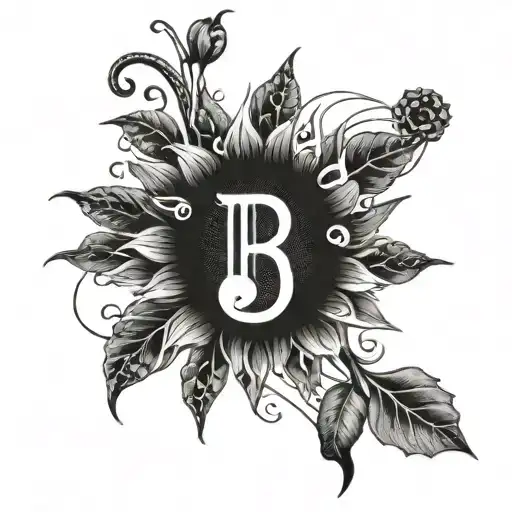 Microscopic sunflower cells interacting with music notes tattoo design idea