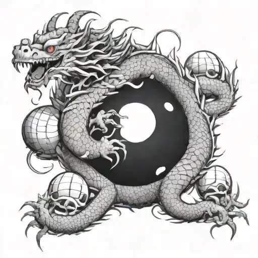 A dotwork design of Shenron surrounded by the Dragon Balls tattoo design idea