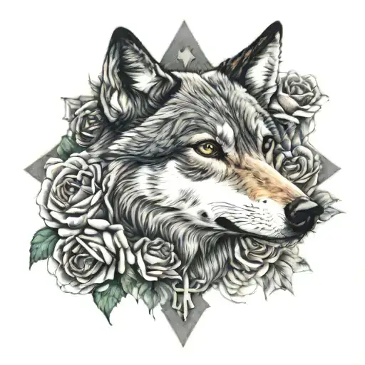 cross with wolf blended by roses tattoo design idea