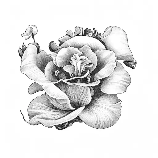 A black and grey tattoo of a mother holding a bouquet of iris, roses, lilies, and snow drop petals, with each flower representing a different aspect of her life tattoo design idea