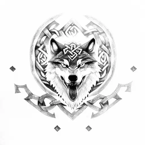 Norse mythology, wolf fenrir with chains, rune protection shield, rune of luck, Odin in the background tattoo design idea