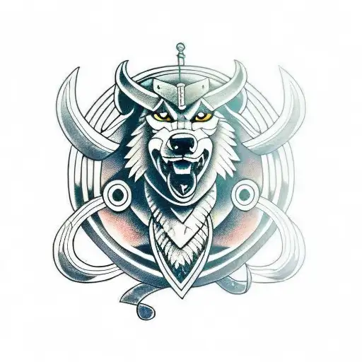 viking wolf with ribbon text that says, "Protector of the weak" tattoo design idea