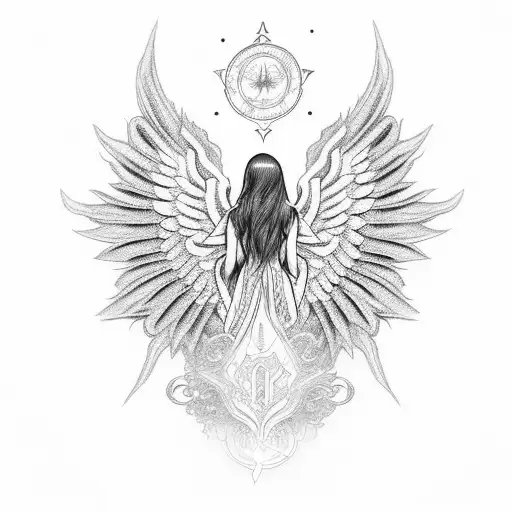 An intricate blackwork design of a celestial angel with flowing robes and wings on your inner bicep tattoo design idea