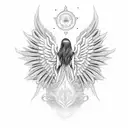 An intricate blackwork design of a celestial angel with flowing robes and wings on your inner bicep tattoo design idea