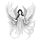 An intricate blackwork design of a celestial angel with flowing robes and wings on your inner bicep tattoo design idea
