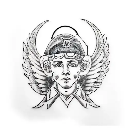 angel wearing black military beret tattoo design idea