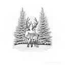 buck and doe behind pine tree tattoo design idea