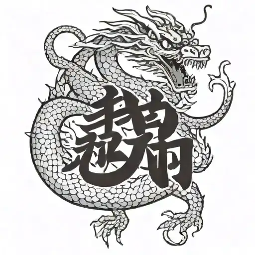 A minimalist depiction of a Chinese dragon holding a book with the word 'Cammunisam' in Chinese characters, symbolizing the fusion of your interests in politics and culture tattoo design idea
