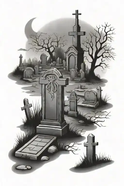graveyard scene with tombstones tattoo design idea