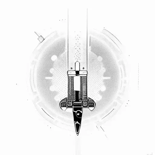 A futuristic gun and knife crossed over a pulsating drum and bass waveform tattoo design idea