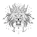A minimalist tattoo of a lion's head with a striking lightning bolt running through it, symbolizing the client's intimidating presence and their power to overcome any obstacles. tattoo design idea