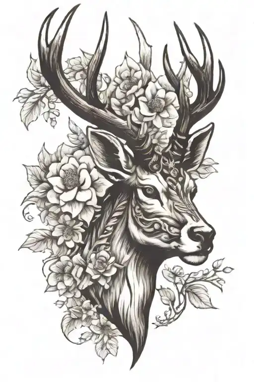 Stag with flowers on horns bahamut head tattoo design idea
