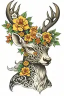 Stag with flowers on horns bahamut head tattoo design idea