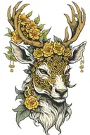 Stag with flowers on horns bahamut head tattoo design idea