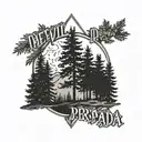 the devil wears prada band  logo overlaying evergreen trees  tattoo design idea