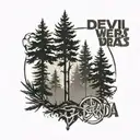 the devil wears prada band  logo overlaying evergreen trees  tattoo design idea