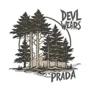 the devil wears prada band  logo overlaying evergreen trees  tattoo design idea