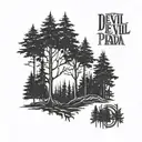 the devil wears prada band  logo overlaying evergreen trees  tattoo design idea