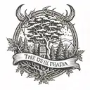 the devil wears prada logo intertwined with evergreen trees  tattoo design idea
