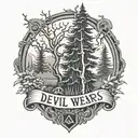 the devil wears prada logo intertwined with evergreen trees  tattoo design idea