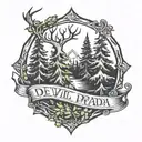 the devil wears prada logo intertwined with evergreen trees  tattoo design idea