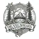 the devil wears prada logo intertwined with evergreen trees  tattoo design idea
