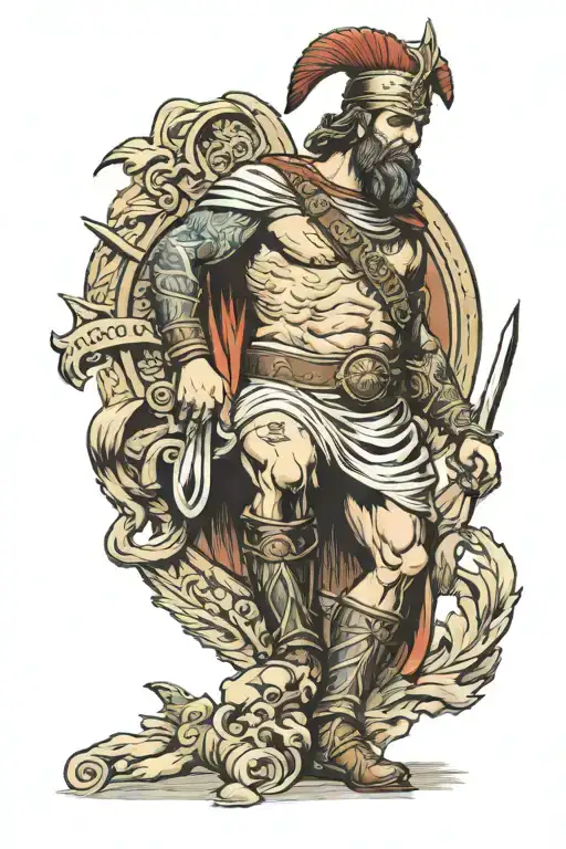 Tattoo on the entire leg, in the foreground stands Hannibal Barca in full growth, and in the background his army is risi tattoo design idea