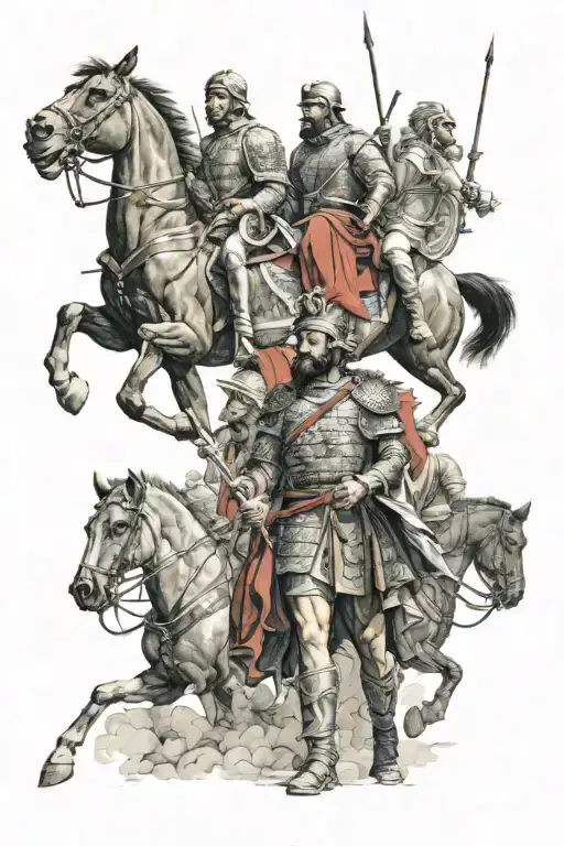 The ascent of Hannibal Barca through the Alps, Hannibal Barca himself stands in the foreground, behind him his soldiers  tattoo design idea