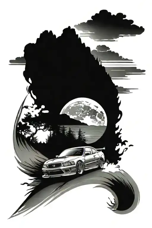 A realistic depiction of a JDM car drifting on a mountain road with a rising sun in the background tattoo design idea