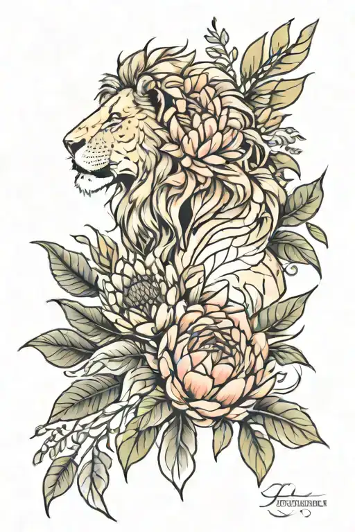 lion and protea flower transforming tattoo design idea