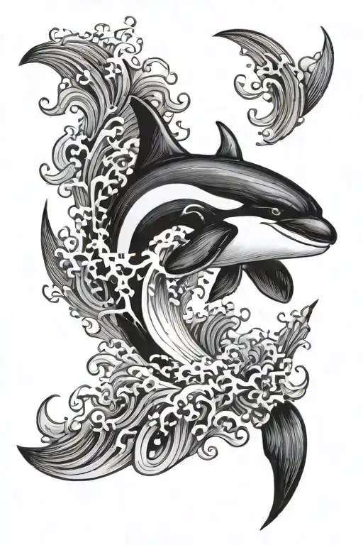 orca with japanese waves. black and white tattoo design idea