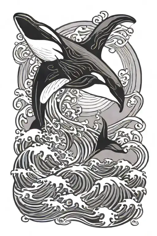 orca with japanese waves and moon. black and white tattoo design idea