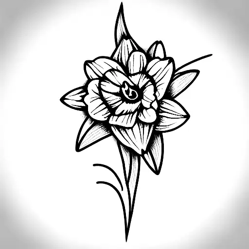 daffodil, violet and marigold flowers with leaves in right and left direction tattoo design idea