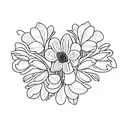 A heart-shaped bouquet of iris, daffodil, and daisy flowers tattoo design idea