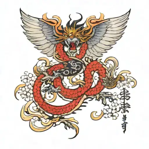 bird cherry, dragon, japanese characters surrounded tattoo design idea