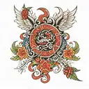 bird cherry, dragon, japanese characters surrounded tattoo design idea