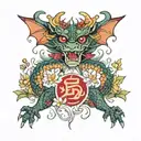 bird cherry, dragon, japanese characters surrounded tattoo design idea