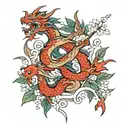 bird cherry, dragon, japanese characters surrounded tattoo design idea