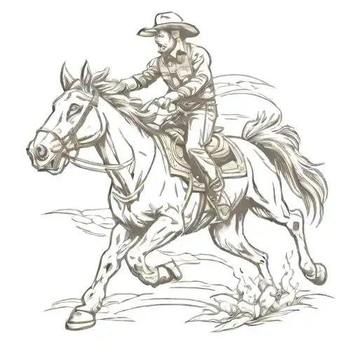 A sketch-style tattoo of a cowboy riding a bucking bronco, with a hunting dog running alongside tattoo design idea
